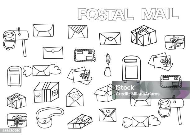 Hand Drawn Postal Set Coloring Book Page Template Outline Doodle Vector Illustration Stock Illustration - Download Image Now