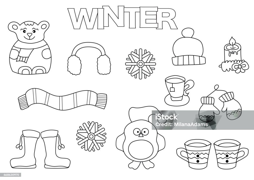 Hand drawn winter set. Coloring book template.  Outline doodle elements vector illustration. Kids game page. Art stock vector