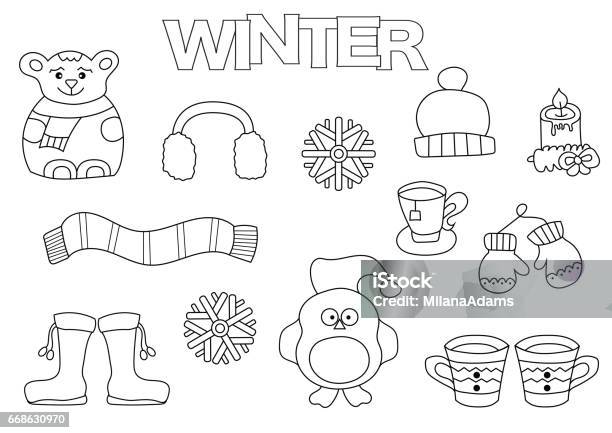 Hand Drawn Winter Set Coloring Book Template Outline Doodle Elements Vector Illustration Kids Game Page Stock Illustration - Download Image Now