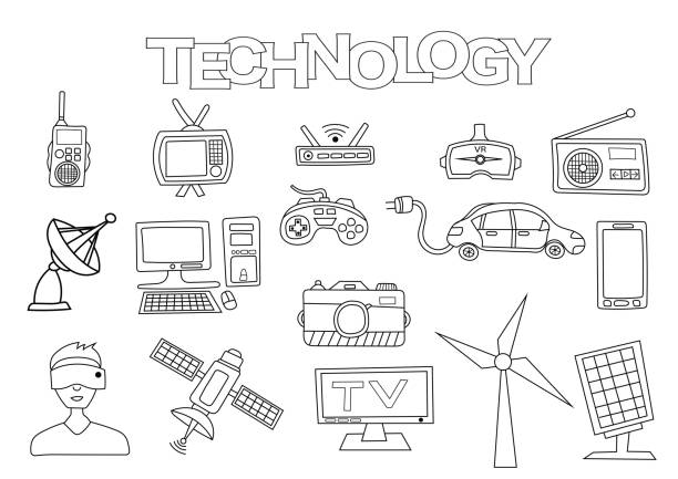 36 Technology elements hand drawn set. Coloring book template.  Outline doodle elements vector illustration. Kids game page. radio drawings stock illustrations