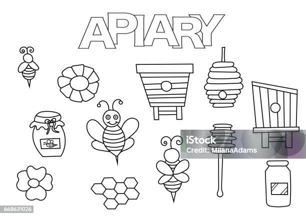 Apiary Bees And Honey Elements Hand Drawn Set Coloring Book Template Outline Doodle Elements Vector Illustration Kids Game Page Stock Illustration - Download Image Now