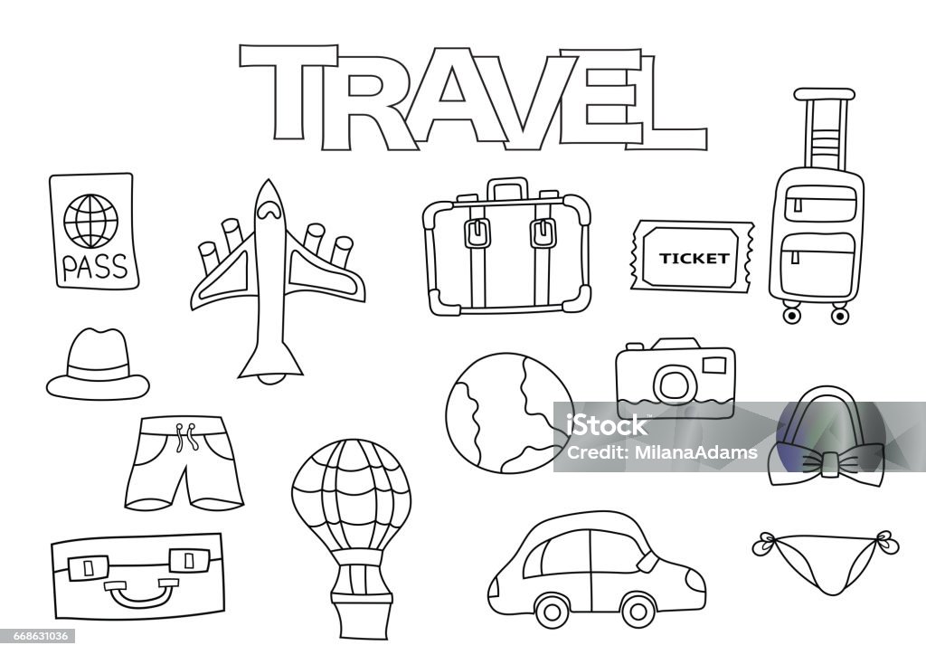 Travel elements hand drawn set. Travel elements hand drawn set. Coloring book template.  Outline doodle elements vector illustration. Kids game page. Child stock vector