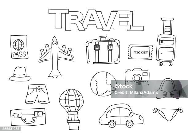 Travel Elements Hand Drawn Set Stock Illustration - Download Image Now - Child, Passport, Adventure