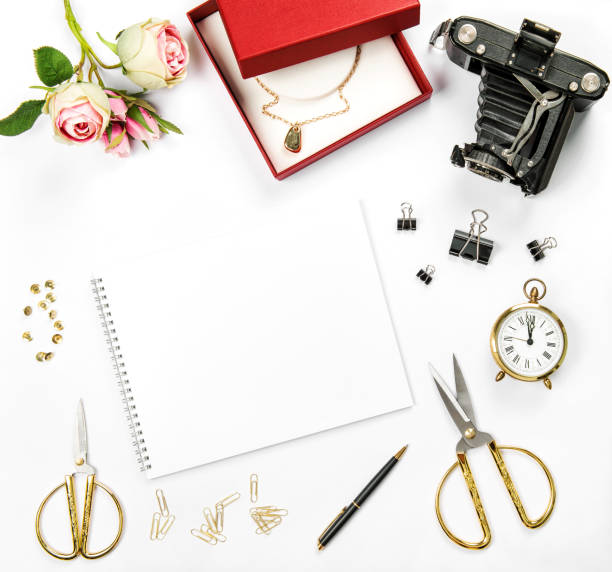 istock Holidays flat lay gift box vintage camera rose flowers 668631438