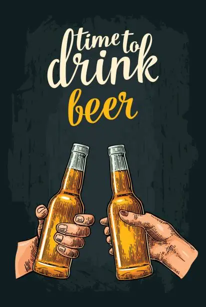 Vector illustration of Female and male hands holding and clinking with two glasses beer and mulled wine.