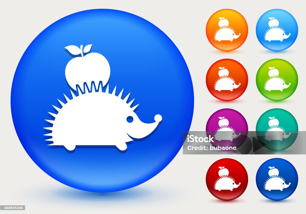 Hedgehog Icon on Shiny Color Circle Buttons Hedgehog Icon on Shiny Color Circle Buttons. The icon is positioned on a large blue round button. The button is shiny and has a slight glow and shadow. There are 8 alternate color smaller buttons on the right side of the image. These buttons feature the same vector icon as the large button. The colors include orange, red, purple, maroon, green, and indigo variations. Animal stock vector