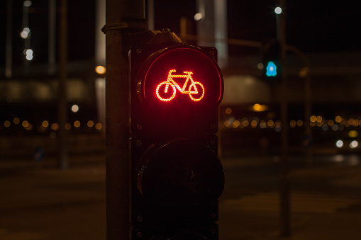 The photo of red traffic light for bicycles on the street of Budapest