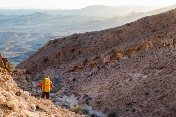 istock Man guy tourist backpacker standing looking view desert mountain peak. 668658106