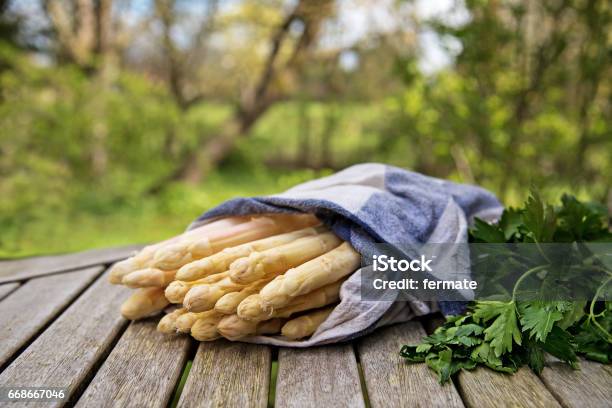 White Asparagus On A Wooden Table Outdoors In The Garden Stock Photo - Download Image Now