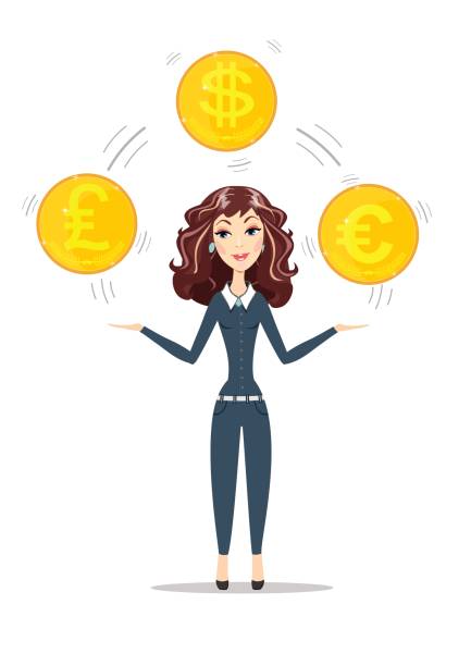 frau mit goldmünzen. - finance juggling businessman euro symbol stock-grafiken, -clipart, -cartoons und -symbole