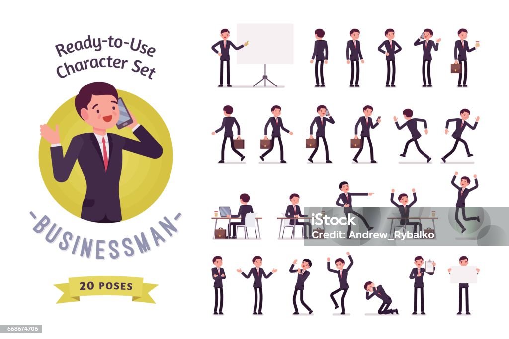 Ready-to-use businessman character set, different poses and emotions Ready-to-use character set. Young businessman in formal wear. Different poses and emotions, running, standing, sitting, walking, happy, angry. Full length, front, rear view against white background Men stock vector