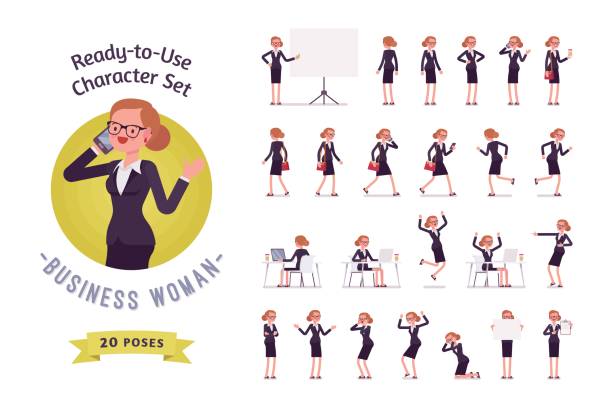 ilustrações de stock, clip art, desenhos animados e ícones de ready-to-use business woman character set, different poses and emotions - pointing women cheerful front view