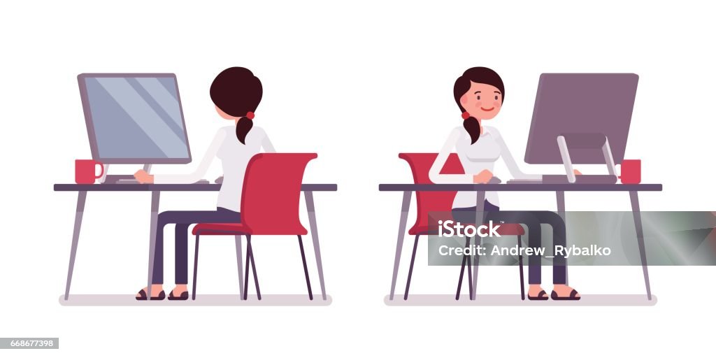 Young female clerk working at the computer, rear and front view Young happy female clerk sitting at the desk and working at the computer, looking at screen, rear and front view, comfortable workspace, friendly office, effective employee, organized manager Computer stock vector