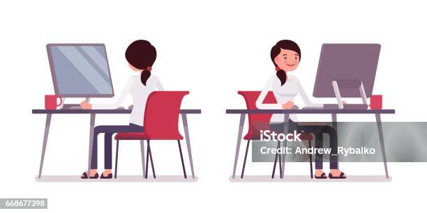 Young Female Clerk Working At The Computer Rear And Front View Stock Illustration - Download Image Now