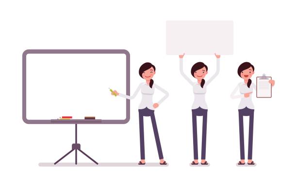 Set of female clerk in formal wear with frames, copyspace Set of young happy female clerk in formal wear, standing near empty whiteboard, holding frame, paper and poster for copyspace, presentation of information, full length, isolated, white background pics for graduation free stock illustrations