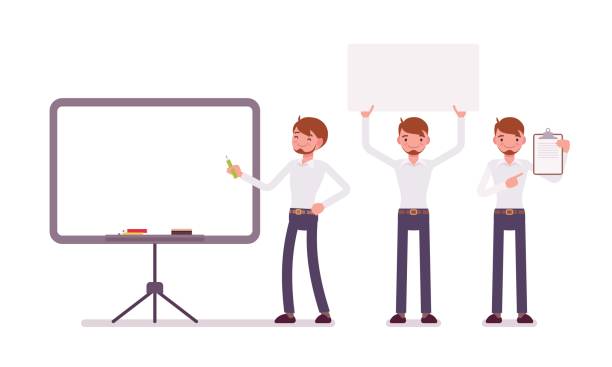 Set of male clerk in formal wear with frames, copyspace Set of young happy male clerk in formal wear, standing near empty whiteboard, holding frame, paper and poster for copyspace, presentation of information, full length, isolated, white background pics for graduation free stock illustrations