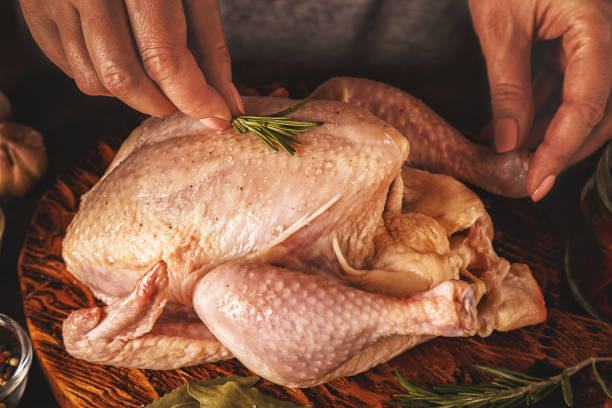 istock Raw chicken on wooden cutting board 668684656