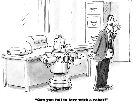Business cartoon about a boss who really likes, even loves, his personal assistant robot.