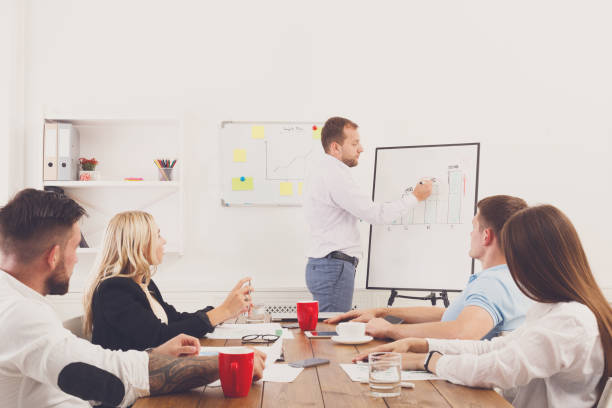 istock Project presentation. Young hipsters businessmen and women 668691222