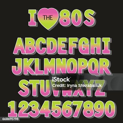 istock I love 80s. Retro font in traditional colors and style 668695198