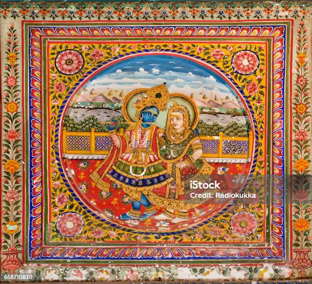 Lord Krishna Spielt Flöte Für Seine Frau Im Fresko Des 19 Jahrhunderts Stockfoto und mehr Bilder von Indien