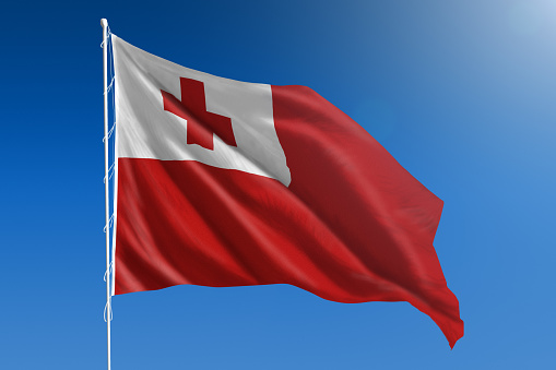 Bandera Nacional de Tonga en el claro cielo azul photo