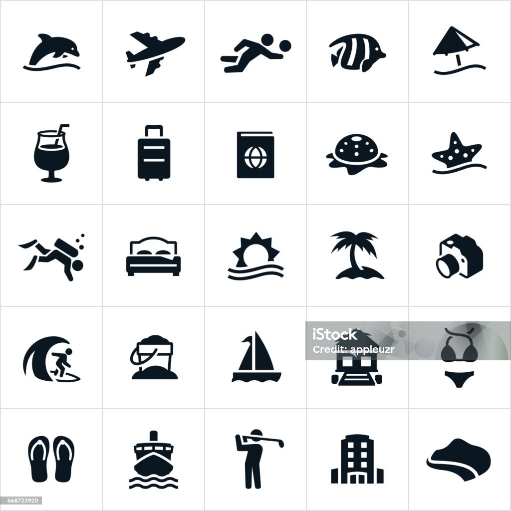 Beach Resort Icons A set of tropical beach resort icons. The icons include sea life, dolphin, airfare, volleyball, tropical fish, beach umbrella, suitcase, passport, starfish, scuba diving, palm tree, hotel, beach hut, camera, surfing, sand pail, sail boat, swim suit, flip flops, cruise ship, golfing and coastline to name a few. Icon Symbol stock vector