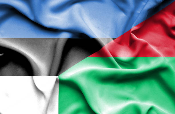 istock Waving flag of Madagascar and Estonia 668724478