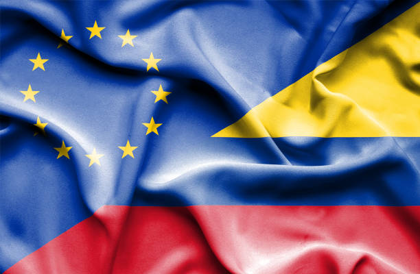 istock Waving flag of Columbia and EU 668729104