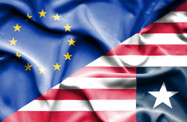 istock Waving flag of Liberia and EU 668729346