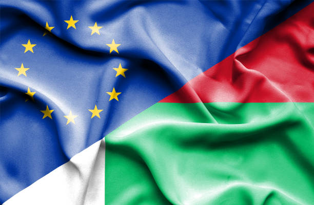 istock Waving flag of Madagascar and EU 668729386