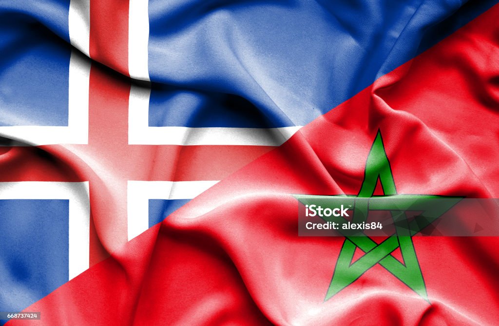 Waving flag of Morocco and Iceland Agreement stock illustration