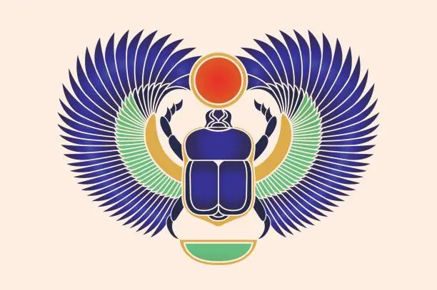 Vector illustration of Beetle scarab with wings, sun and a crescent moon. Ancient Egyptian culture. God Khepri Sun morning dawn. The emblem, logo. Object isolated on white background. Vector illustration.