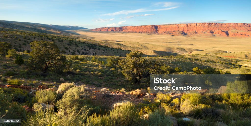 Vermillion Cliffs panorama Panorama composite image of the Vermillion Cliffs and Kaibab Mountains. Northern Arizona, American Southwest. Arizona Stock Photo