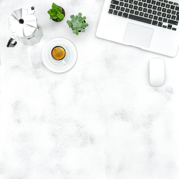 Coffee laptop succulent plants Office workplace Flat lay