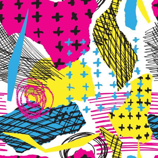 Vector colorful seamless pattern with brush strokes and cross. Pink blue yellow black color on white background. Hand painted grange texture. Ink geometric elements. Fashion modern style. bright. Vector colorful seamless pattern with brush strokes and cross. Pink blue yellow black color on white background. Hand painted grange texture. Ink geometric elements. Fashion modern style. bright. 1970 pictures stock illustrations