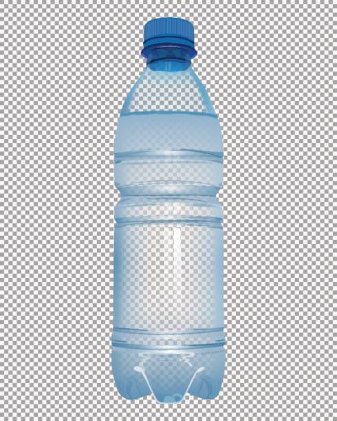 bildbanksillustrationer, clip art samt tecknat material och ikoner med transparent plastflaska med mineralvatten med stäng blå mössa - water bottle cap