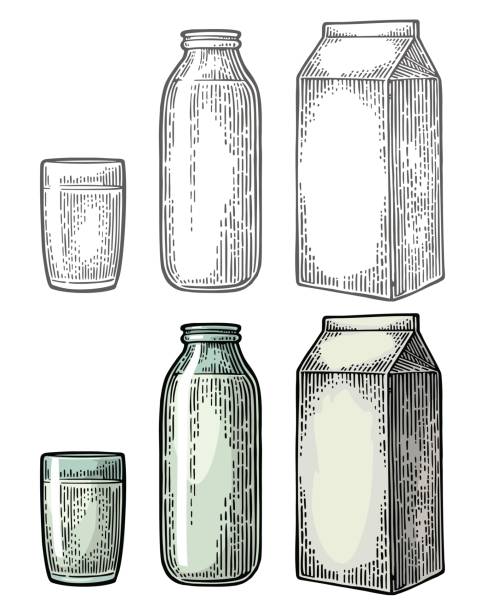Milk box carton package, glass and bottle. Vector engraving vintage color and black illustration. Isolated on white background.