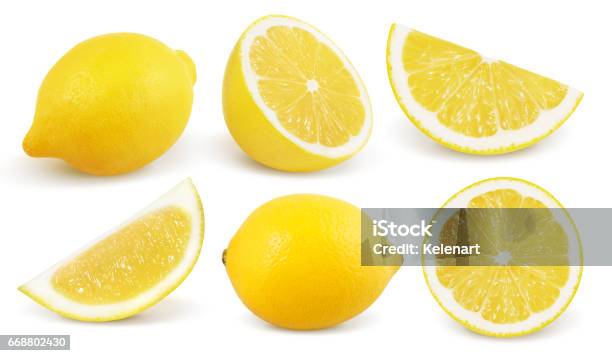 Lemon Isolated On White Background Collection Stock Photo - Download Image Now - Lemon - Fruit, Slice of Food, Cut Out