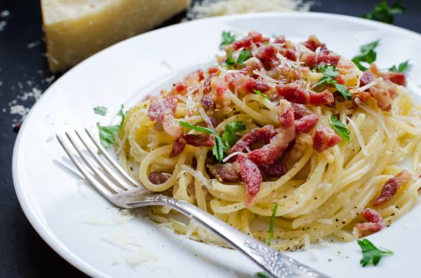 istock Pasta Carbonara. Spaghetti with bacon and parmesan cheese. 668805274