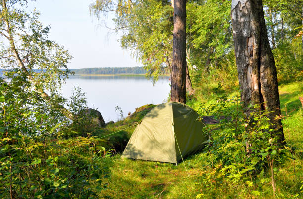 istock Camping tent on coast of lake. 668808444