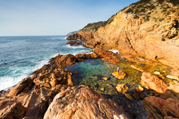 Ocean Pool and Lone Person on an Isolated Coastline stock photo