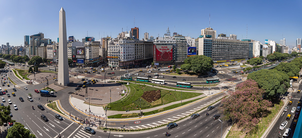 Panorama of Plaza de la Republica in the centre of Buenos Aires with the Obelisco, one of the main symbols of the capital of Argentina