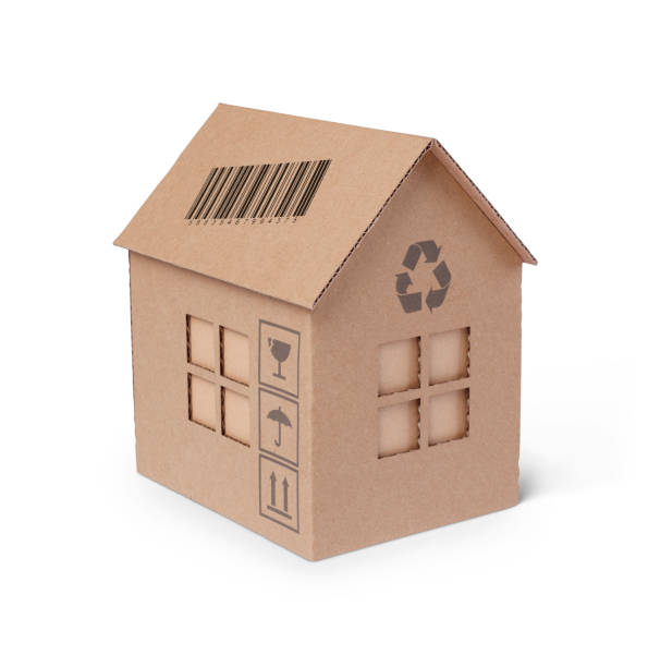 Moving Home Cardboard box shaped house with bar code. cardboard house stock pictures, royalty-free photos & images