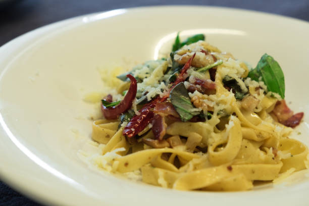 istock Fettuccine bacon fried basil with parmesan 668843560