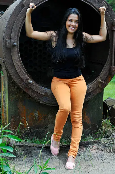Beautiful brunette posing for photos in the neighborhood of Paranapiacaba, in the city of Santo Andre, Sao Paulo, Brazil.