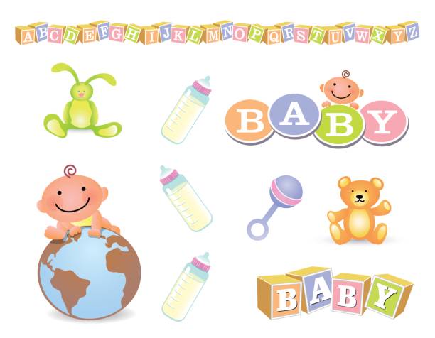illustrations, cliparts, dessins animés et icônes de nouveaux éléments de conception de bébé pour les cartes, annonces, invitations de douche - bébé cubes