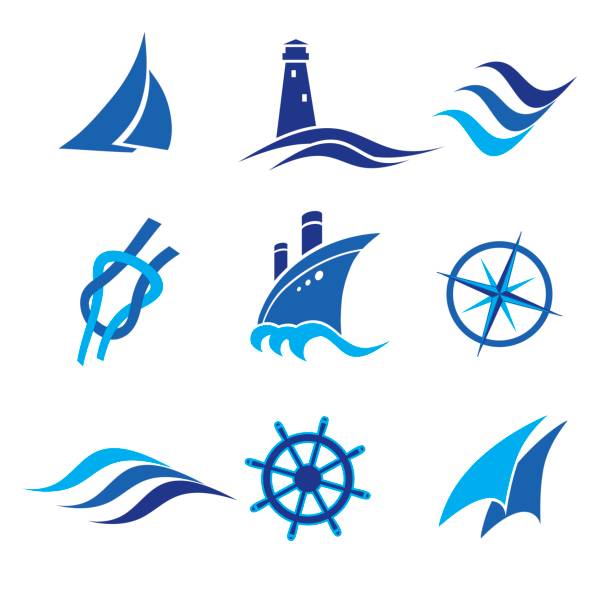 illustrazioni stock, clip art, cartoni animati e icone di tendenza di set di icone nautiche. illustrazione vettoriale - lake coastline blue nautical vessel