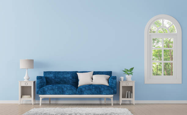 Modern classic living room with blue color 3d rendering image stock photo