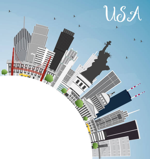 illustrazioni stock, clip art, cartoni animati e icone di tendenza di skyline degli stati uniti con grattacieli grigi, punti di riferimento e spazio di copia. - san francisco county skyline silhouette sky